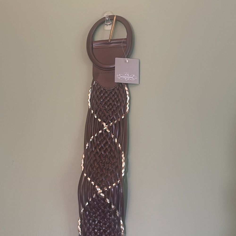 NWT Anthropologie Wide High Waist Brown Leather Woven Metallic Accent Belt Sz M - Picture 2 of 4